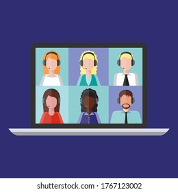 Conference video calls, remote project management, working from home, communication with friends, colleagues or relatives. Social distancing, business discussion. Vector illustration in flat style.