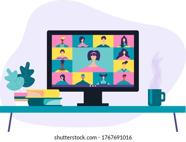 Conference video calls, remote project management, quarantine, communication with friends, colleagues or relatives. Vector illustration in a modern style.