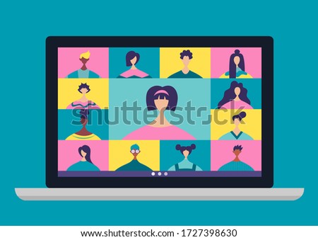 Conference video calls, remote project management, online training, quarantine, communication with friends, colleagues or relatives. Vector illustration in a modern style.