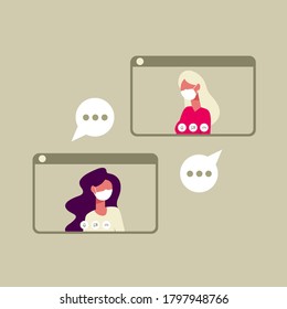 Conference Video Live Call,Remote Project or Chat with colleges.Video Conference People on Computer or Laptop Talking.Online Business Meeting on Laptop or Mobile Phone.Flat Vector Illustration