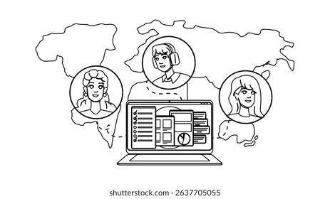 conference virtual team vector. work video, remote quarantine, laptop home conference virtual team character. people black line pencil drawing illustration