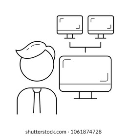 Icono de línea vectorial de conferencia aislado en fondo blanco. Icono de la línea de red del equipo para infografía, web, móvil o aplicación.