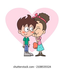 Confess to Your Crush cartoon illustration. Girl whispering into boy's ear and tells him about her feelings. Valentines day sticker. 