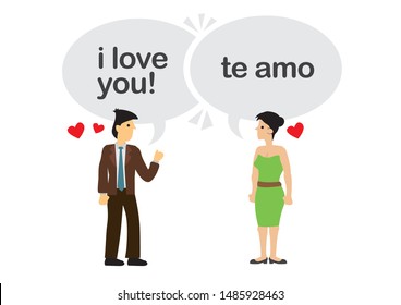 Confession of a couple in different languages. Concept of foreign communication or multiracial relationship. Flat isolated vector illustration.