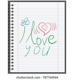 Confession in love, calligraphy on a sheet of paper from a school notebook, vector concept Declaration first time love, flower, excitement of the heart.