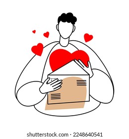 Confession in love. The man is holding a letter with a confession of love. Vector line drawing isolated on a white background.