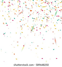 Confetti abstract background,with many falling tiny pieces,isolated on white backdrop. Holiday decorative tinsel element for design. For web site,poster,placard and wallpaper