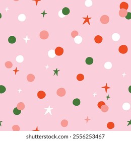 Confetti abstract vector seamless pattern. Hand-drawn geometrical  repeated background for holidays. Christmas or birthday festive seamless print in pink and green colors.