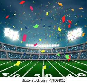 confetti in American football stadium and crowed of people in stadium celebrate for match in night time with spot light backdrop, This design for sport template banner in vector illustration