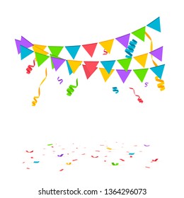 Confetti background. Birthday concept with confetti, flags and streamers. Vector illustration
