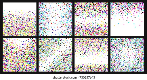 Confetti background. Bright background with scattered confetti. Colored postcard.