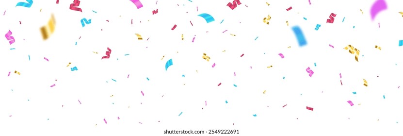 Confetti background. Color flying ribbon. Falling serpentine for greeting card or poster. Carnival decoration with color paper pieces. Anniversary bright tinsel. Vector illustration.