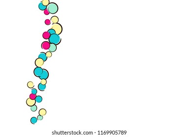 Confetti background with comic pop art polka dots. Big colored spots, spirals and circles on white. Vector illustration. Hipster childish splash for birthday party. Rainbow confetti background.