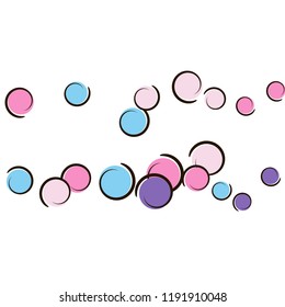 Confetti background with comic pop art polka dots. Big colored spots, spirals and circles on white. Vector illustration. Rainbow kids splatter for birthday party. Rainbow confetti background.