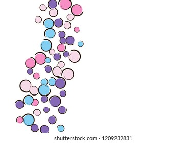 Confetti background with comic pop art polka dots. Big colored spots, spirals and circles on white. Vector illustration. Retro childish splash for birthday party. Rainbow confetti background.