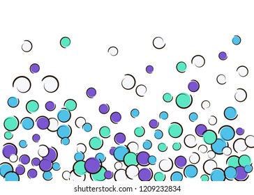 Confetti background with comic pop art polka dots. Big colored spots, spirals and circles on white. Vector illustration. Vibrant kids splatter for birthday party. Rainbow confetti background.