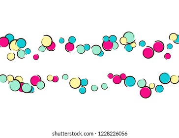 Confetti background with comic pop art polka dots. Big colored spots, spirals and circles on white. Vector illustration. Retro childish splash for birthday party. Rainbow confetti background.
