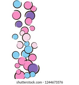 Confetti background with comic pop art polka dots. Big colored spots, spirals and circles on white. Vector illustration. Retro childish splash for birthday party. Rainbow confetti background.