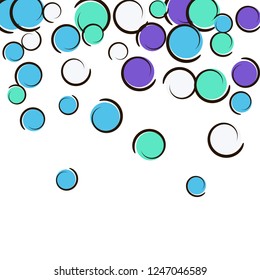 Confetti background with comic pop art polka dots. Big colored spots, spirals and circles on white. Vector illustration. Creative kids splatter for birthday party. Rainbow confetti background.