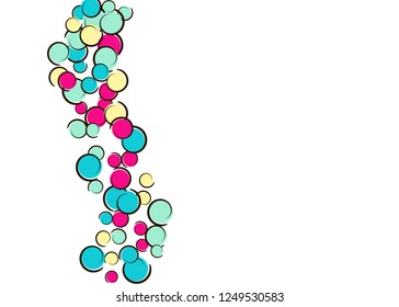 Confetti background with comic pop art polka dots. Big colored spots, spirals and circles on white. Vector illustration. Bright childish splash for birthday party. Rainbow confetti background.
