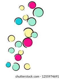 Confetti background with comic pop art polka dots. Big colored spots, spirals and circles on white. Vector illustration. Colorful childish splash for birthday party. Rainbow confetti background.