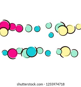 Confetti background with comic pop art polka dots. Big colored spots, spirals and circles on white. Vector illustration. Vibrant childish splash for birthday party. Rainbow confetti background.