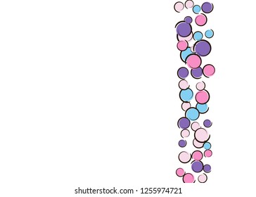 Confetti background with comic pop art polka dots. Big colored spots, spirals and circles on white. Vector illustration. Bright kids splatter for birthday party. Rainbow confetti background.