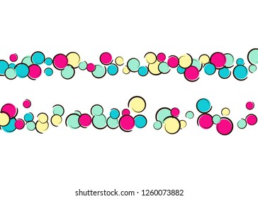 Confetti background with comic pop art polka dots. Big colored spots, spirals and circles on white. Vector illustration. Trendy kids splatter for birthday party. Rainbow confetti background.