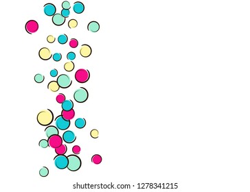 Confetti background with comic pop art polka dots. Big colored spots, spirals and circles on white. Vector illustration. Rainbow childish splash for birthday party. Rainbow confetti background.
