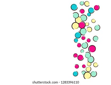 Confetti background with comic pop art polka dots. Big colored spots, spirals and circles on white. Vector illustration. Trendy childish splash for birthday party. Rainbow confetti background.