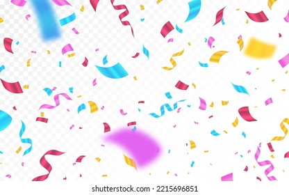 Confetti background. Falling color serpentine. Defocused falling decoration. Bright confetti pieces and ribbon. Birthday or anniversary template. Vector illustration.