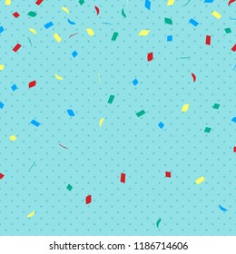 Confetti background flat style design vector illustration isolated on light blue dotted background. Colorful confetti falling behind.