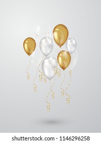 Confetti background and gold balloons Vector illustrations