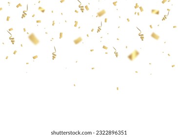 Confetti background. Gold paper pieces and serpentine. Vector party background