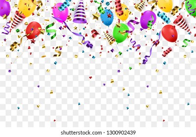 Confetti background with Party poppers and air balloons isolated. Birthday background. Festive vector illustration