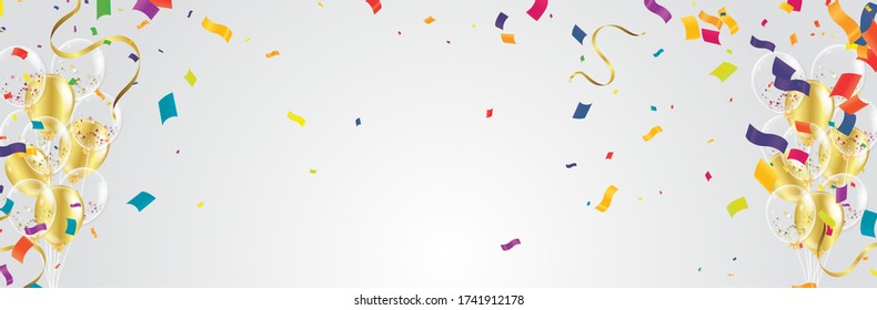 Confetti background with Party poppers and air balloons isolated. Festive vector illustration
