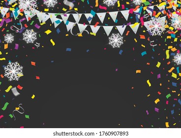 Confetti background with Party poppers and air balloons isolated. Festive vector illustration