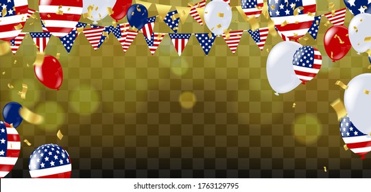 Confetti background with Party poppers and air balloons isolated. Festive vector illustration, USA