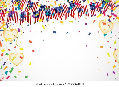 Confetti background with Party poppers and air balloons isolated. Festive vector illustration, USA