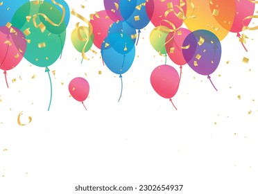 Confetti background with Party poppers and air balloons isolated. Festive vector illustration.Lettering Happy Birthday To You
