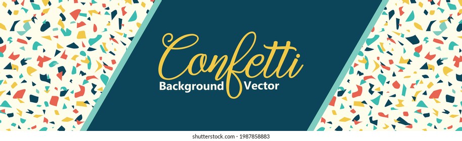 Confetti background vector pattern, colorful festive banner in terrazzo style mosaic design in blue yellow gold orange and teal, birthday party or congratulations design elements.