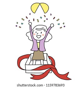 Confetti ball explosion with woman popping out of gift box. Celebration concept with cute woman popping out of a gift box, smiling widely, raising arms up and surrounded with confetti falling on her.
