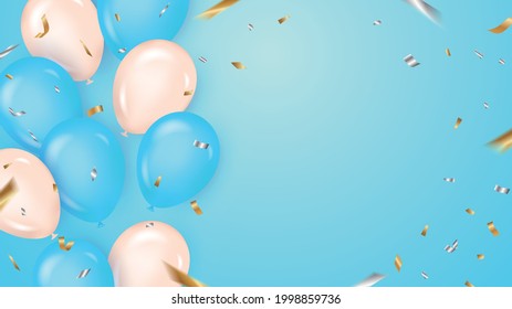 Confetti y globos sobre fondo azul.