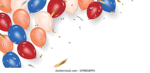 Confetti and balloons on white background.