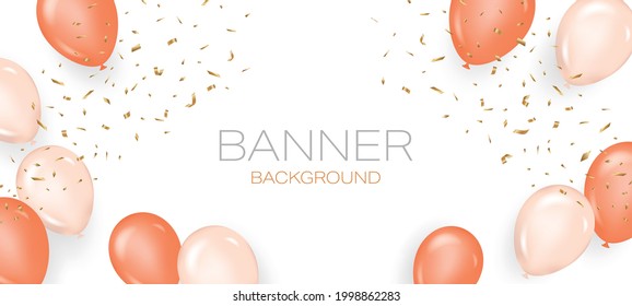 Confetti and balloons on white background.