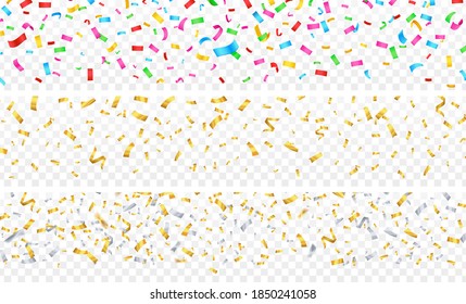 Confetti banner. Gold silver colorful falling particles on transparent background. Festive celebration, birthday christmas anniversary decorations vector kit
