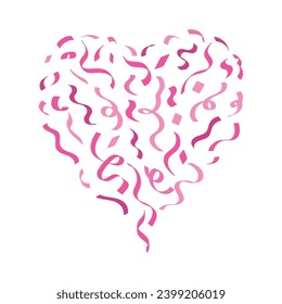 Confetti banner in shape of heart with colorful pink streamer ribbons. Symbol of love. Anniversary, holiday, greeting card for Valentine's day. Flat vector illustration