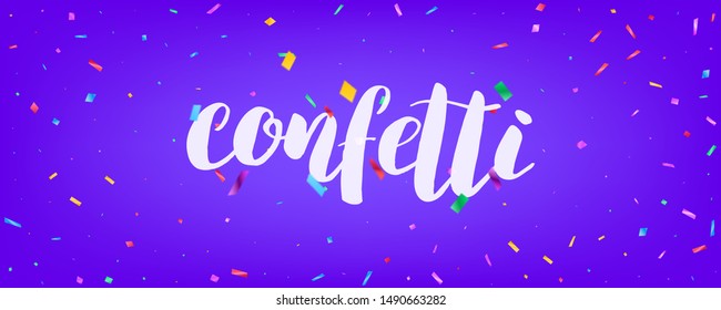 Confetti banner vector design. Holiday background design with colorful particles and lettering.