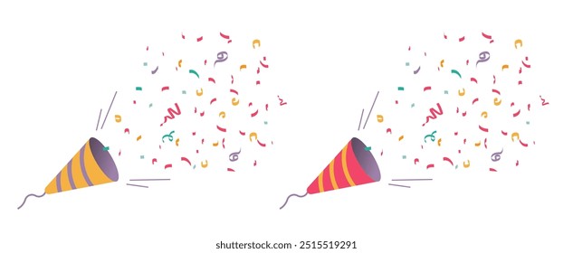 ícone de explosão de aniversário de Confete do foguete popper festivo partido vetor plano desenho animado gráfico ilustração conjunto, congratulação sucesso surpresa fogos de artifício tiro de cone imagem clip art