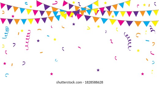 Confetti and birthday flags. Banner for a carnival holiday party. Fiesta decoration. Vector illustration.